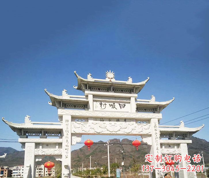 贵阳村庄三门五楼石牌坊石雕 (2)