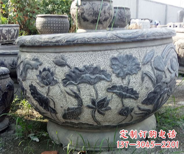 贵阳中领雕塑仿古荷花石浮雕水缸