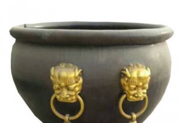 贵阳传统工艺鎏金狮子头水缸铜雕塑