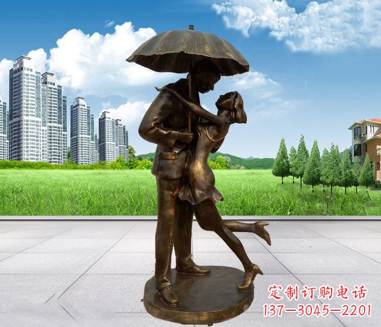 贵阳公园打伞接吻的情侣铜雕