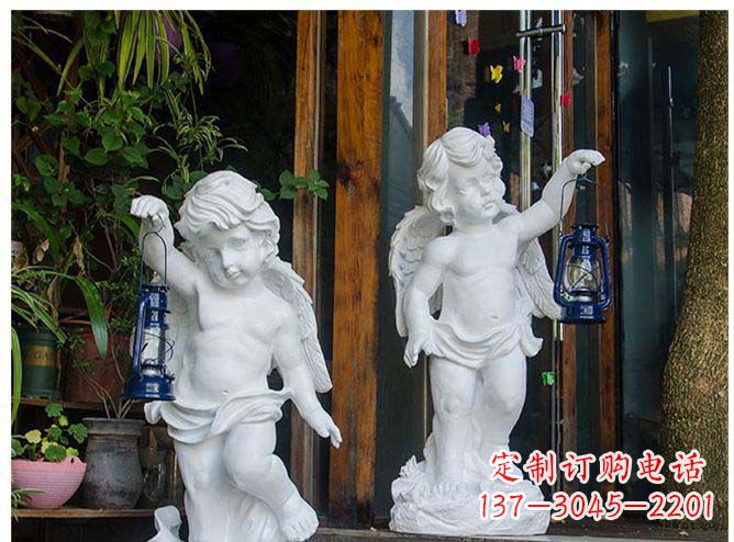 贵阳汉白玉提灯小天使公园西方人物路灯石雕