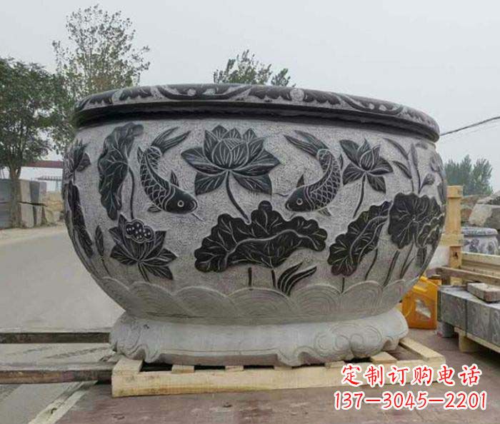 贵阳连年有余石浮雕仿古圆水缸 (2)