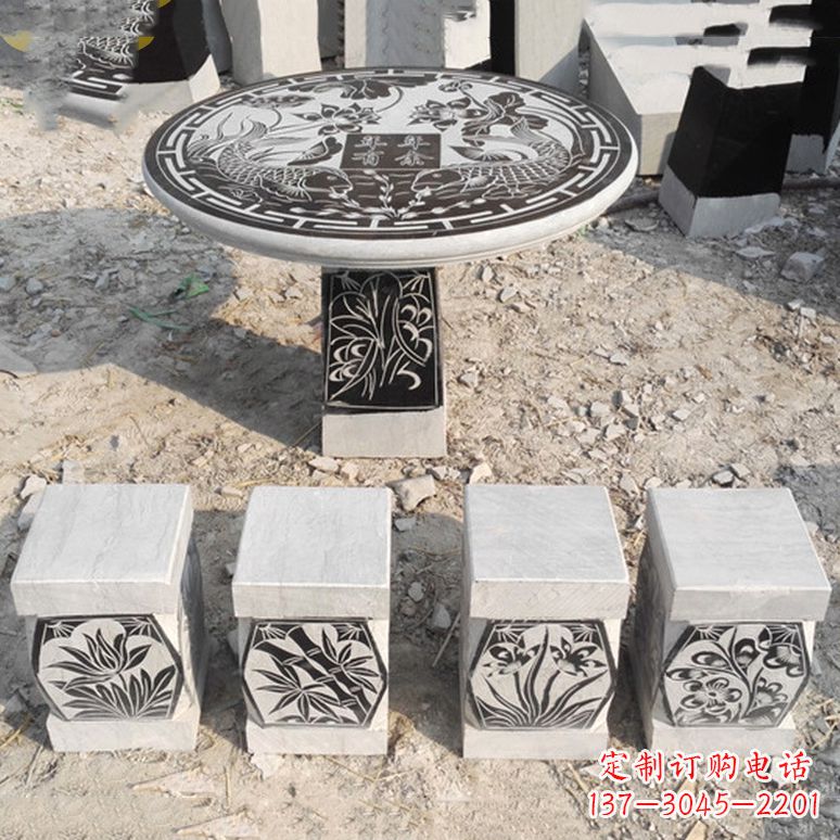 贵阳梅兰竹菊仿古方石桌凳雕塑，古朴典雅