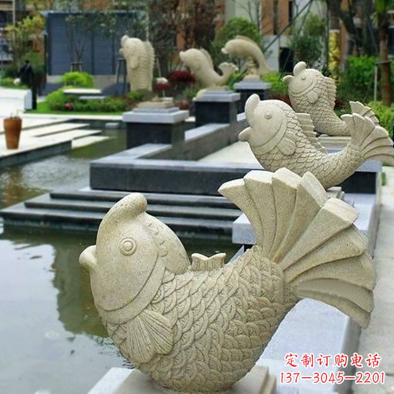 贵阳喷水鱼砂岩石雕-园林水池雕塑