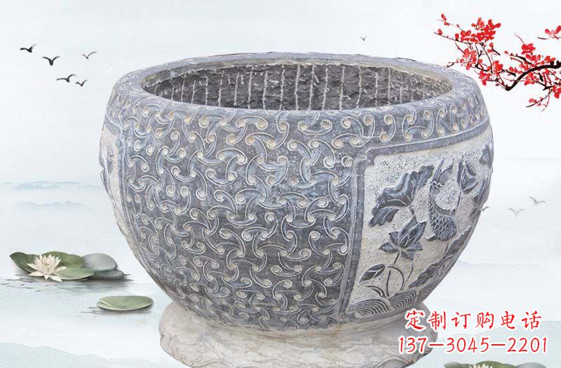 贵阳青石仿古莲花鲤鱼浮雕水缸