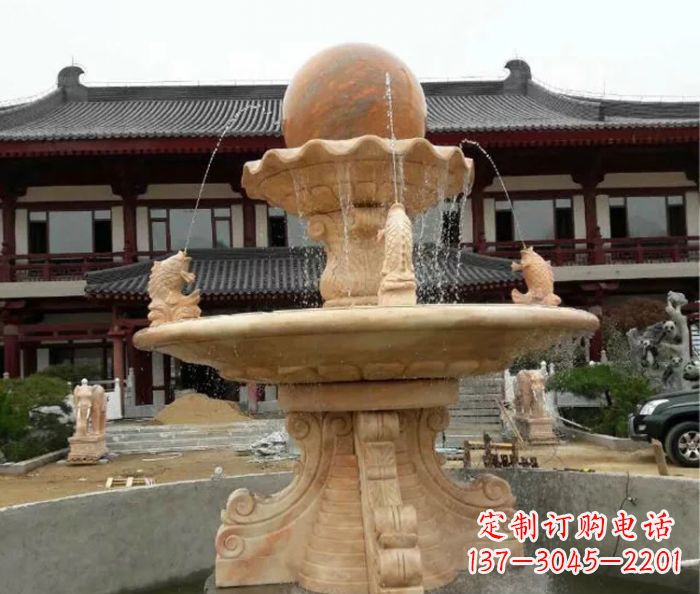 贵阳双层风水球喷泉晚霞红石雕