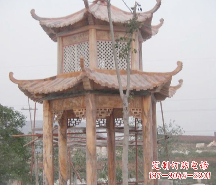 贵阳双层晚霞红石凉亭石雕 (2)