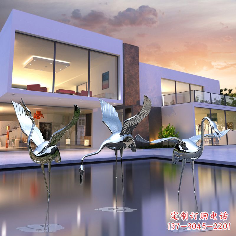 贵阳水景仙鹤不锈钢镜面雕塑