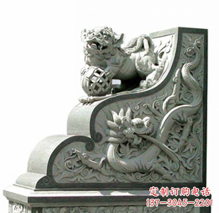 贵阳寺庙景观玩绣球狮子石雕门墩