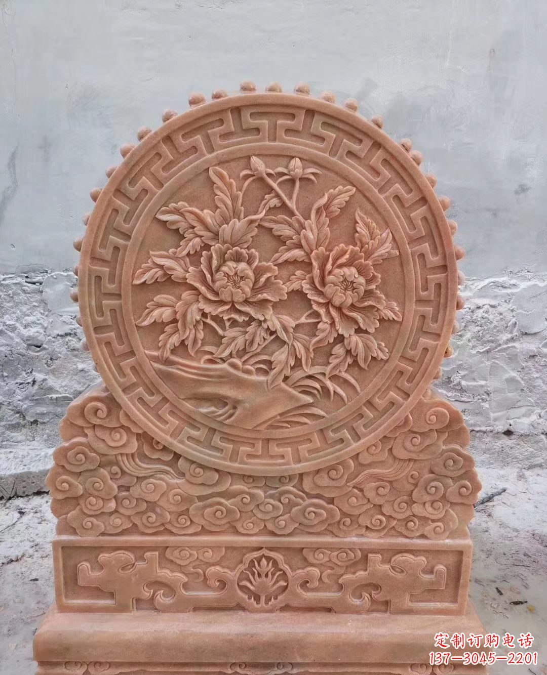 贵阳晚霞红牡丹花浮雕石门墩
