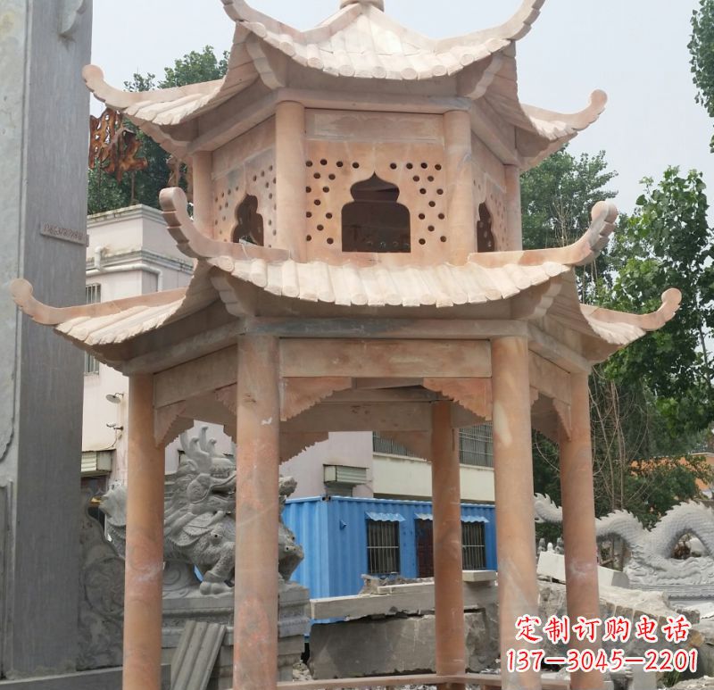 贵阳晚霞红双层六角凉亭石雕 (2)