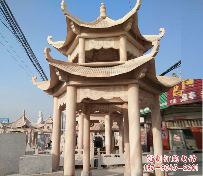 贵阳晚霞红双层六角凉亭石雕 (3)