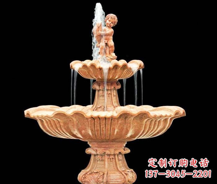 贵阳晚霞红小孩抱鱼石雕喷泉