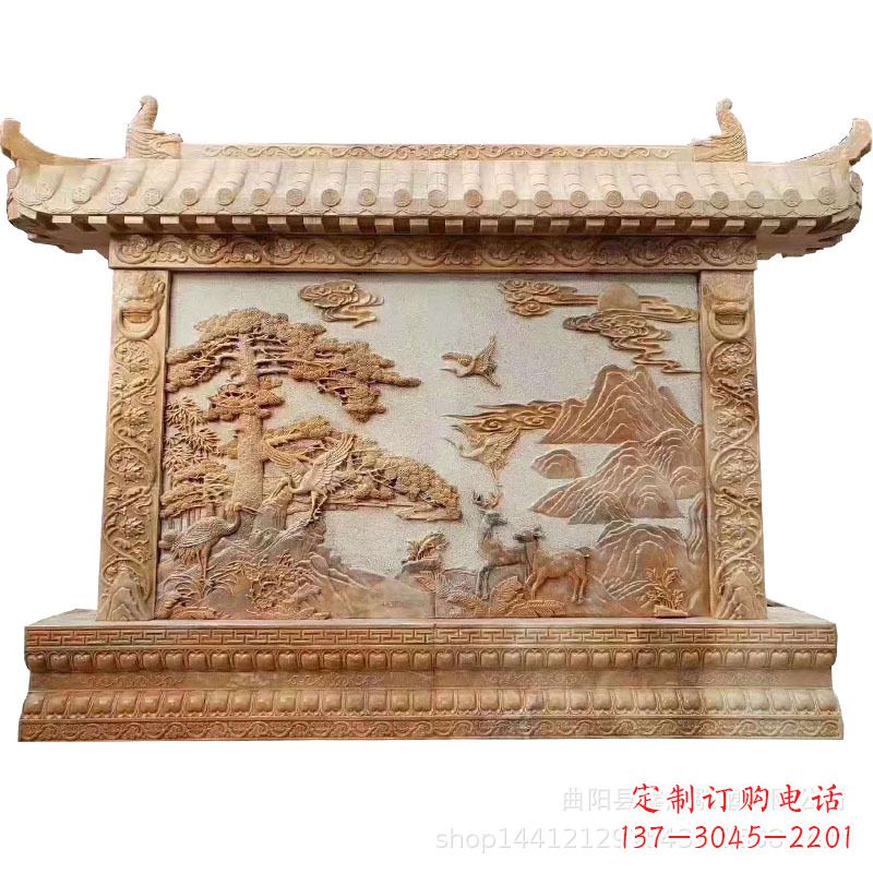 贵阳晚霞红迎客松石雕影壁