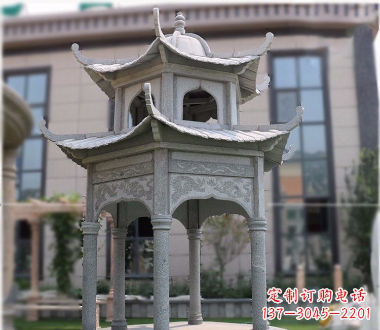 贵阳小区大理石六角石雕双层凉亭