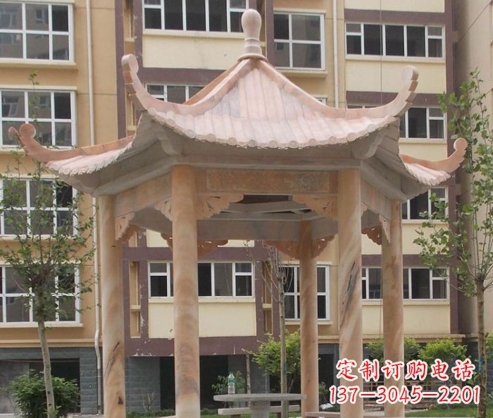 贵阳小区晚霞红六角凉亭石雕