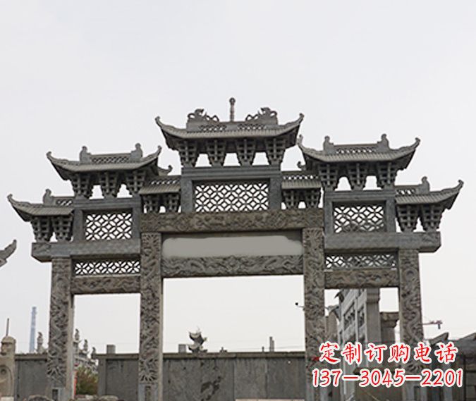 贵阳园林仿古三门牌坊石雕 (4)
