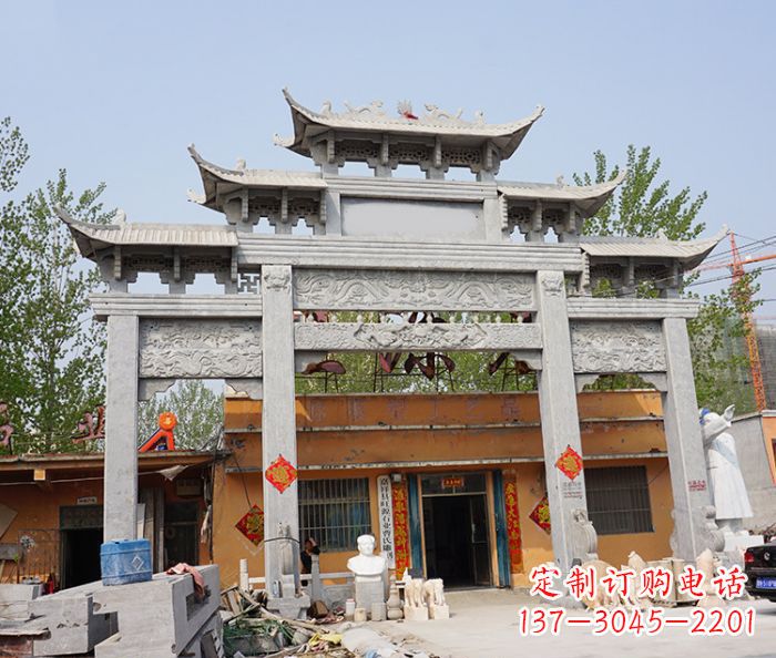 贵阳园林仿古三门牌坊石雕 (5)