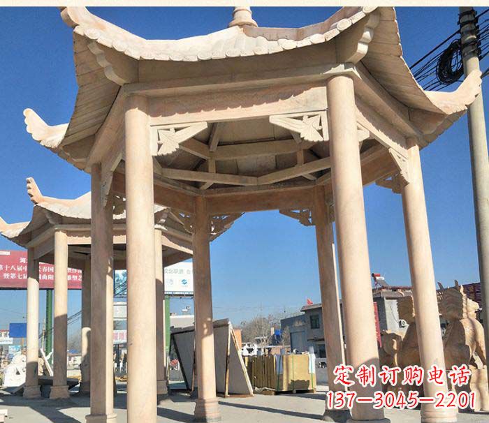 贵阳园林景观晚霞红六角石雕凉亭 (2)