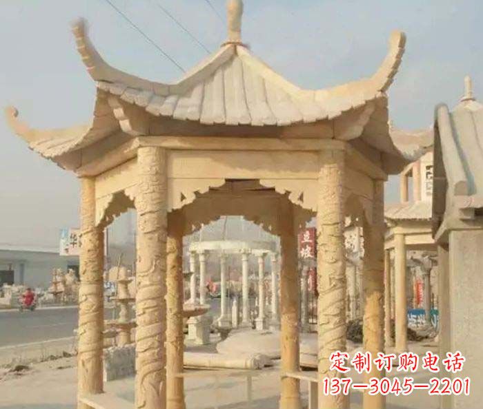 贵阳园林景观晚霞红六角石雕凉亭 (3)