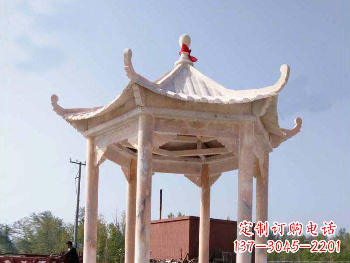 贵阳园林景观晚霞红六角石雕凉亭