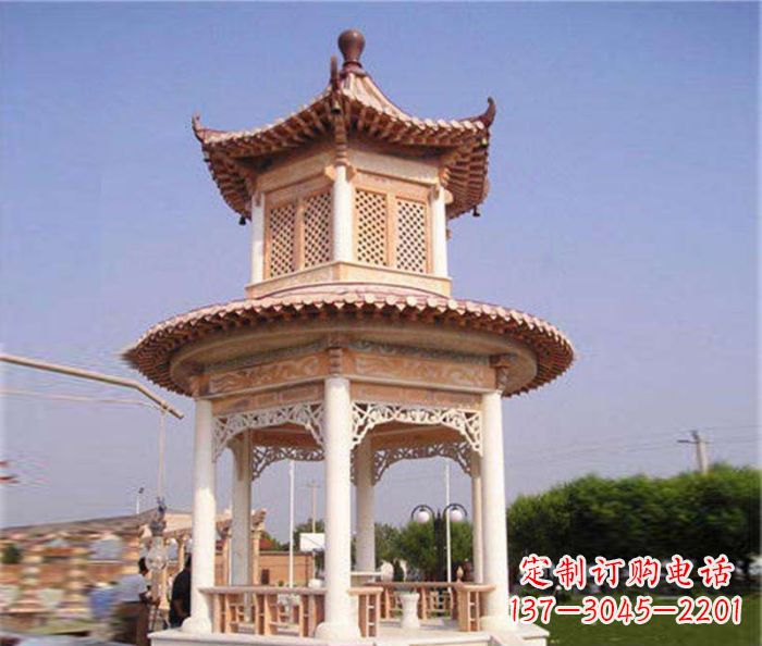 贵阳园林景观晚霞红双层石雕凉亭 (4)