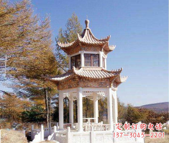 贵阳园林景观晚霞红双层石雕凉亭 (3)