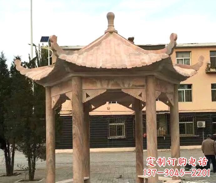 贵阳园林晚霞红六角石雕凉亭