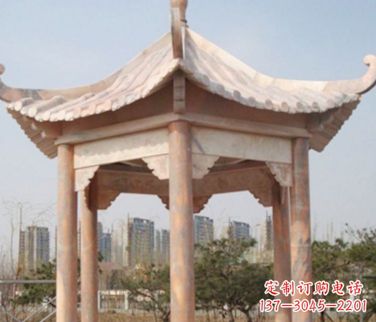 贵阳园林晚霞红六角石凉亭景观石雕